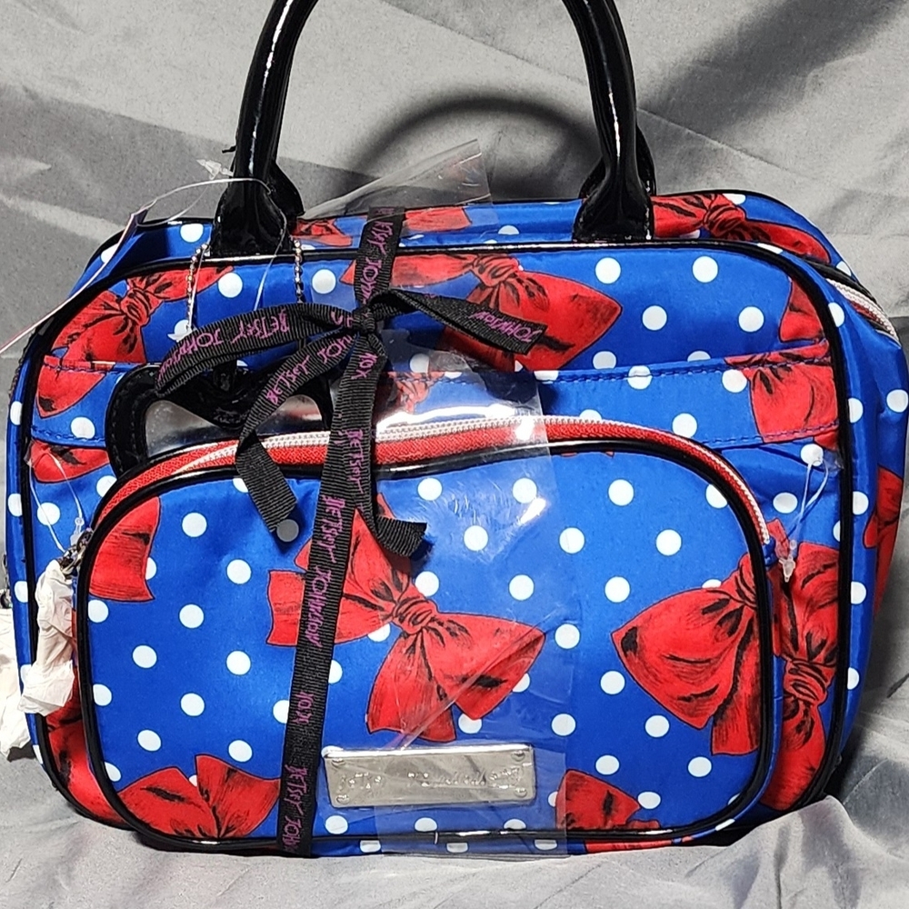 NWT Betsey Johnson Blue And White Polka Dot With Red Bows Cosmetic Bag Set Duo